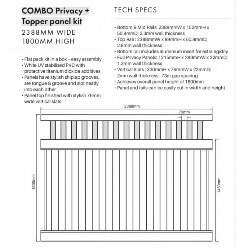 COMBINATION: Fence Panel - Privacy + Topper Panel Kit - 2388W x 1800H - Image 3